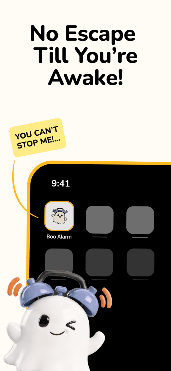 Boo Alarm lock screen — 'No Escape Till You're Awake', showing the mission challenge that prevents snoozing