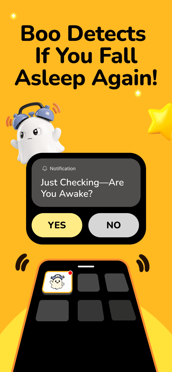 Boo Alarm wake-check screen — 'Boo Detects If You Fall Asleep Again', showing the 15-minute follow-up check after the alarm is dismissed